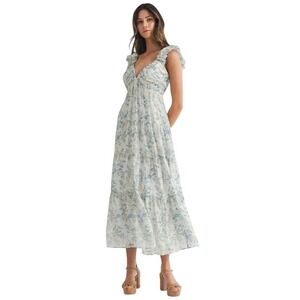 Mable Floral Maxi Dress Ruffle Strap Tiered Boho Cottagecore White, Blue Size L